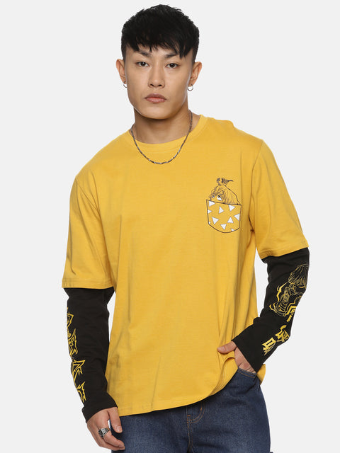 Zenitsu Full Sleeve Oversized T-Shirt in Mustard with Black DR Sleeve Pattern, featuring Zenitsu's face and sword designs - perfect for anime fans looking for unique streetwear style