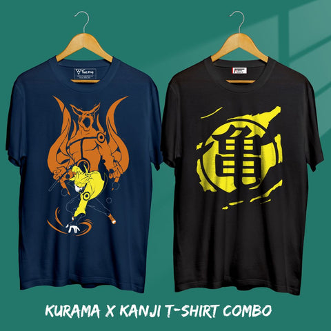 kurama and dbz goku kanji tshirt combo