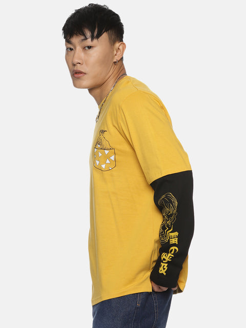 Zenitsu Full Sleeve Oversized T-Shirt in Mustard with Black DR Sleeve Pattern, featuring Zenitsu's face and sword designs - perfect for anime fans looking for unique streetwear style