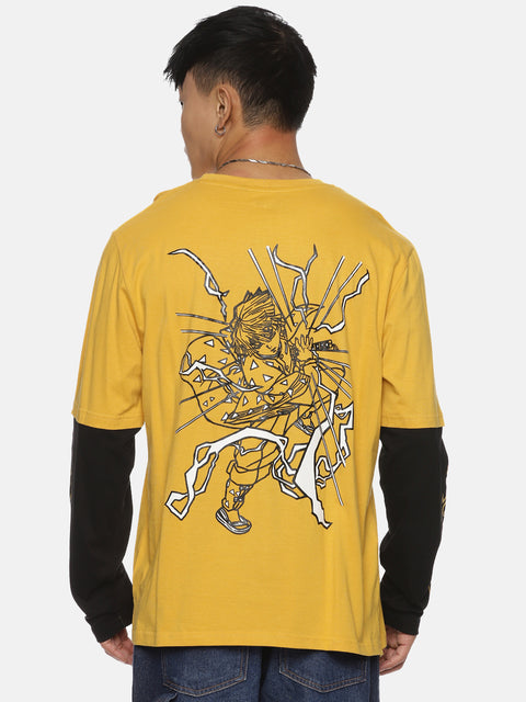 Zenitsu Full Sleeve Oversized T-Shirt in Mustard with Black DR Sleeve Pattern, featuring Zenitsu's face and sword designs - perfect for anime fans looking for unique streetwear style