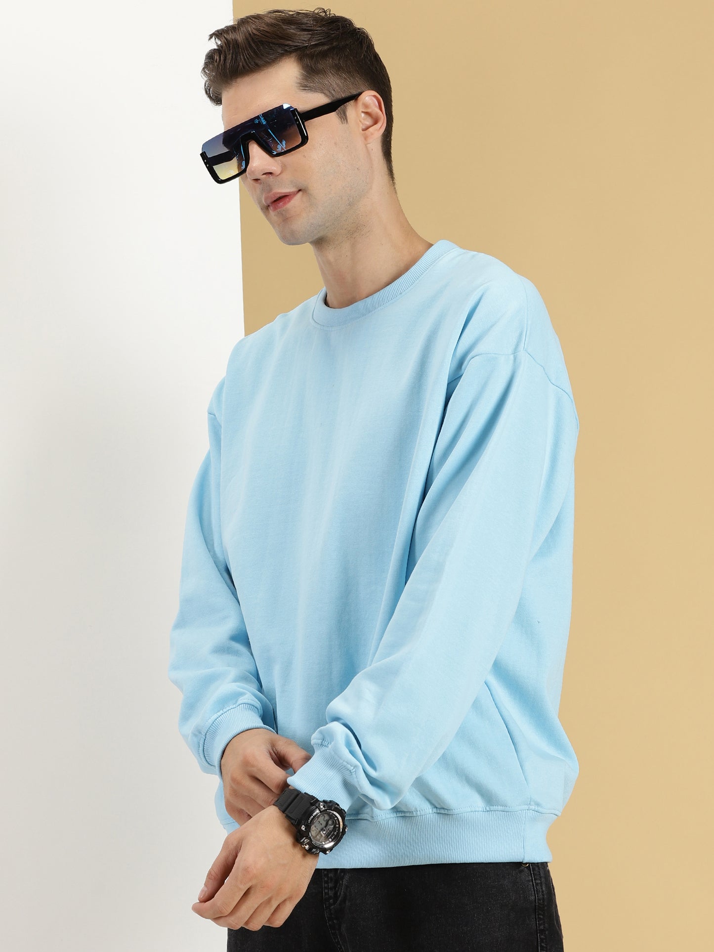 ice blue solid oversized sweatshirt for men