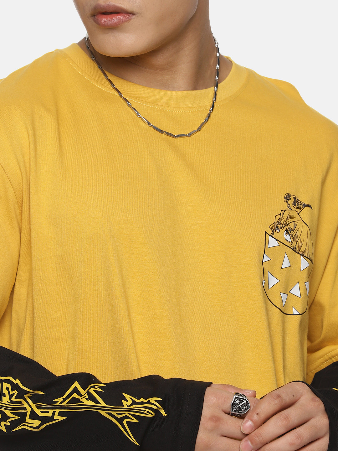 Zenitsu Full Sleeve Oversized T-Shirt in Mustard with Black DR Sleeve Pattern, featuring Zenitsu's face and sword designs - perfect for anime fans looking for unique streetwear style
