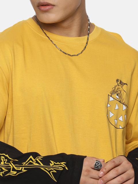 Zenitsu Full Sleeve Oversized T-Shirt in Mustard with Black DR Sleeve Pattern, featuring Zenitsu's face and sword designs - perfect for anime fans looking for unique streetwear style