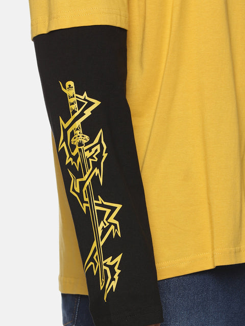 Zenitsu Full Sleeve Oversized T-Shirt in Mustard with Black DR Sleeve Pattern, featuring Zenitsu's face and sword designs - perfect for anime fans looking for unique streetwear style