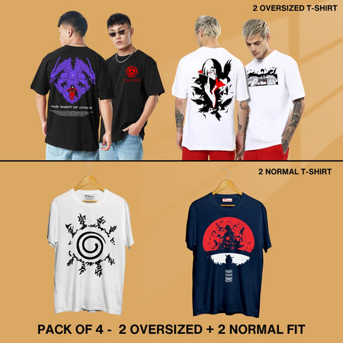 Naruto T-shirt Combo Pack Of 4 - 2 Oversized + 2 Normal Fit T-shirt