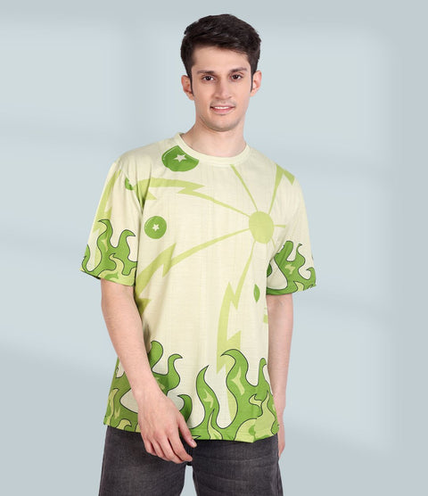 Image of a green Dragon Ball Gohan t-shirt with an oversized fit. The t-shirt features an all-over print of Gohan on the front and back, and is made with 180+ GSM cotton blend heavy fabric that has been bio-washed for maximum comfort. The print is never-fading and can be ironed for a fresh look every time. This trendy t-shirt is perfect for casual wear and is sure to appeal to Dragon Ball fans
