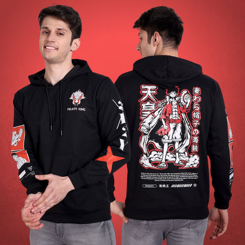 One Piece Pirate King anime hoodie - 350 GSM cotton fleece, back print of Luffy, left chest print of Pirate King, and red printed design on both sleeves