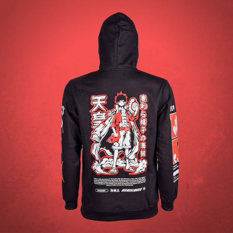 Buy One Piece Pirate King anime hoodie - Luffy hoodie 350 GSM cotton fleece, back print of Luffy, left chest print of Pirate King, and red printed design on both sleeves