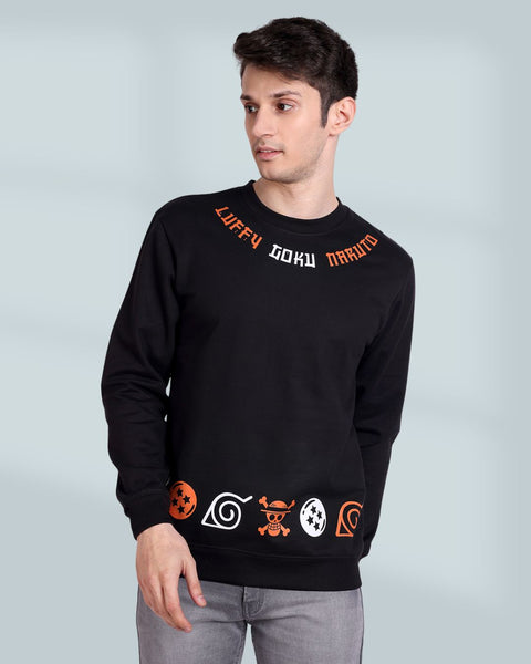 Black anime sweatshirt with graphic designs of the fearless Naruto, the adventurous Luffy, and the powerful Goku. Perfect for anime enthusiasts