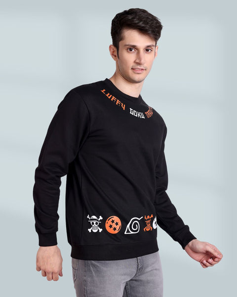 Black anime sweatshirt with graphic designs of the fearless Naruto, the adventurous Luffy, and the powerful Goku. Perfect for anime enthusiasts