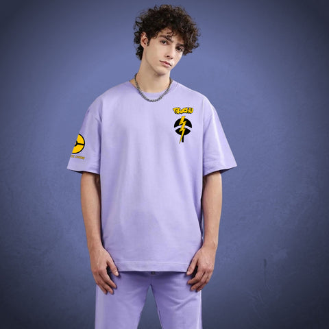 Lavender Sasuke X Pikachu oversized t-shirt with a duo design of Pikachu dressed in Sasuke style on the back. A pokeball with the typo of Pikachu's signature move in yellow and black is printed on the right sleeve. On the right front chest, there is a logo of the Uchiha clan with a striking flash in yellow color, with "Pikachu" written above it