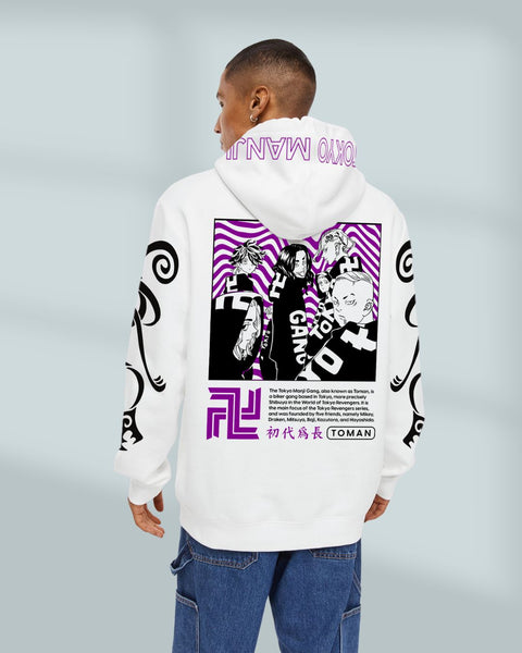 "Tokyo Manji Oversized Hoodie in white color made of 350 GSM cotton fleece, featuring black printed sleeves and back print of Tokyo Manji gang with chest print of Tokyo Gang typo and symbol in purple color and Tokyo Manji Print on hood