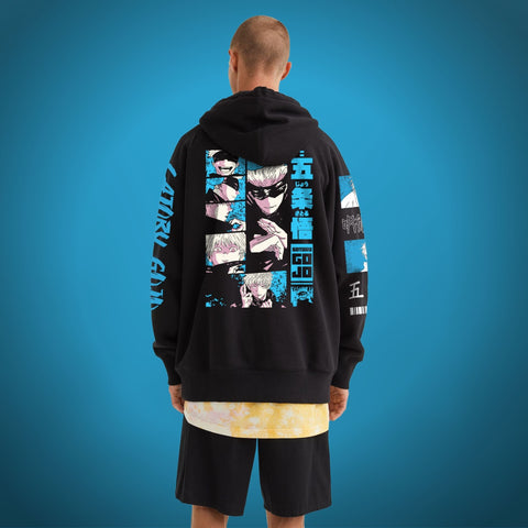 Gojo Satoru oversized hoodie in black  with printed sleeves, inspired by the anime and manga series Jujutsu Kaisen- Anime Hoodie