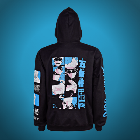 Gojo Satoru oversized hoodie in black  with printed sleeves, inspired by the anime and manga series Jujutsu Kaisen- Anime Hoodie