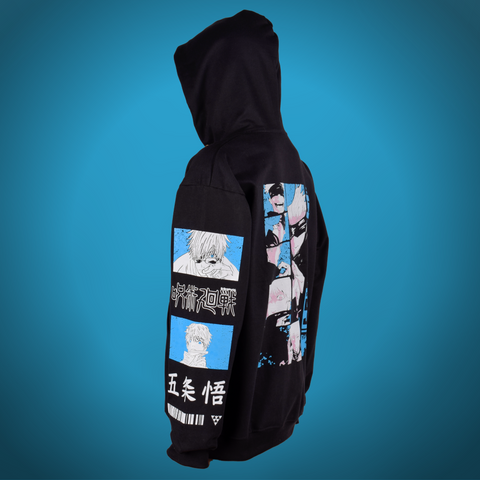 Gojo Satoru oversized hoodie in black  with printed sleeves, inspired by the anime and manga series Jujutsu Kaisen- Anime Hoodie