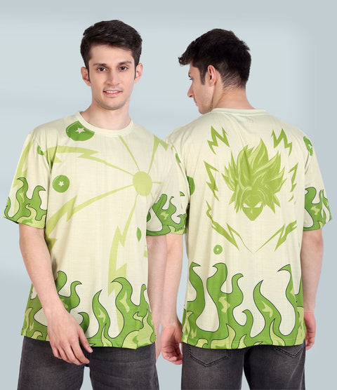 Image of a green Dragon Ball Gohan t-shirt with an oversized fit. The t-shirt features an all-over print of Gohan on the front and back, and is made with 180+ GSM cotton blend heavy fabric that has been bio-washed for maximum comfort. The print is never-fading and can be ironed for a fresh look every time. This trendy t-shirt is perfect for casual wear and is sure to appeal to Dragon Ball fans