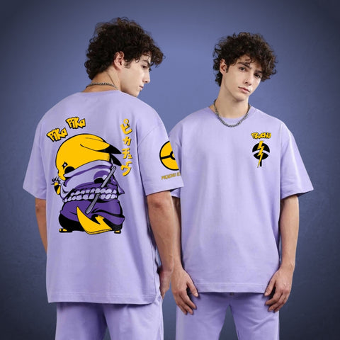 Lavender Sasuke X Pikachu oversized t-shirt with a duo design of Pikachu dressed in Sasuke style on the back. A pokeball with the typo of Pikachu's signature move in yellow and black is printed on the right sleeve. On the right front chest, there is a logo of the Uchiha clan with a striking flash in yellow color, with "Pikachu" written above it